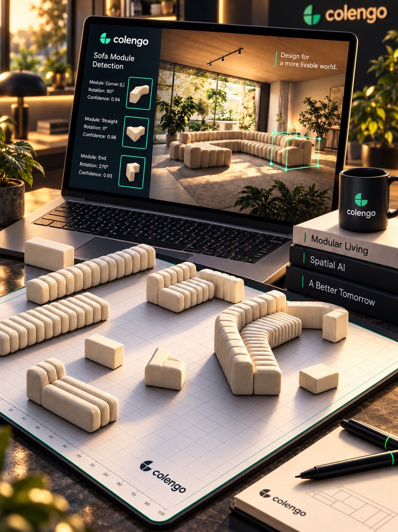 โมเดลโซฟาโมดูลาร์ Colengo วางบนแผ่นตาราง ด้านหลังเป็นแล็ปท็อปแสดงหน้าจอ Sofa Module Detection